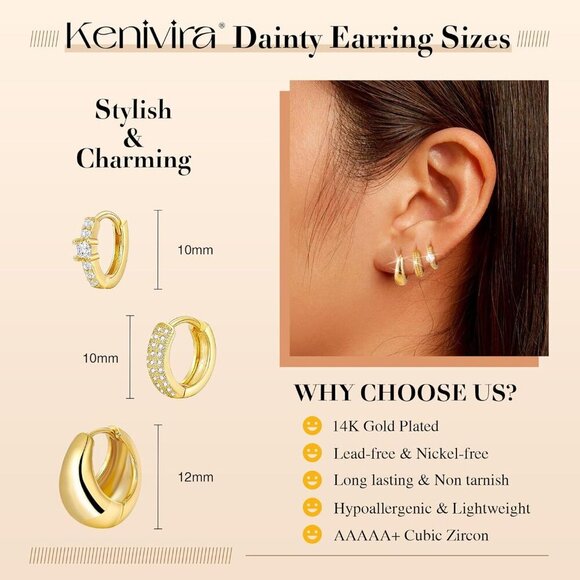 Gold Hoop Earrings Set for Women - 14K Gold Plated Small Hoops, Chunky Thick Ear - Picture 4 of 9